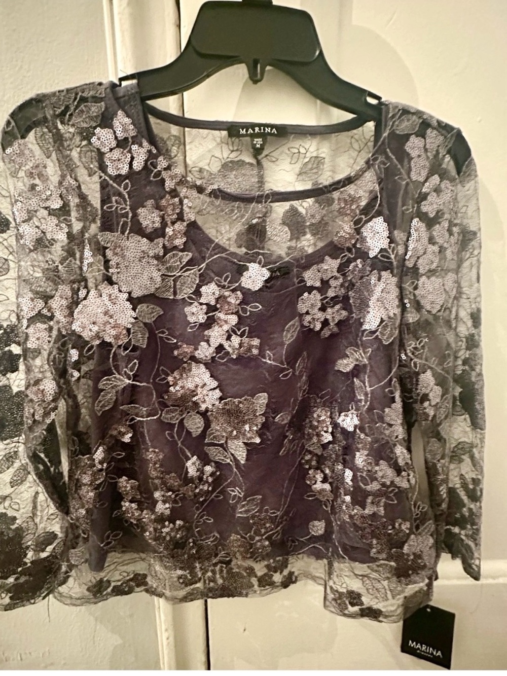 Marina Sequin Embroidered Floral Mesh Evening Top Blouse NWT Medium Gray Silver
